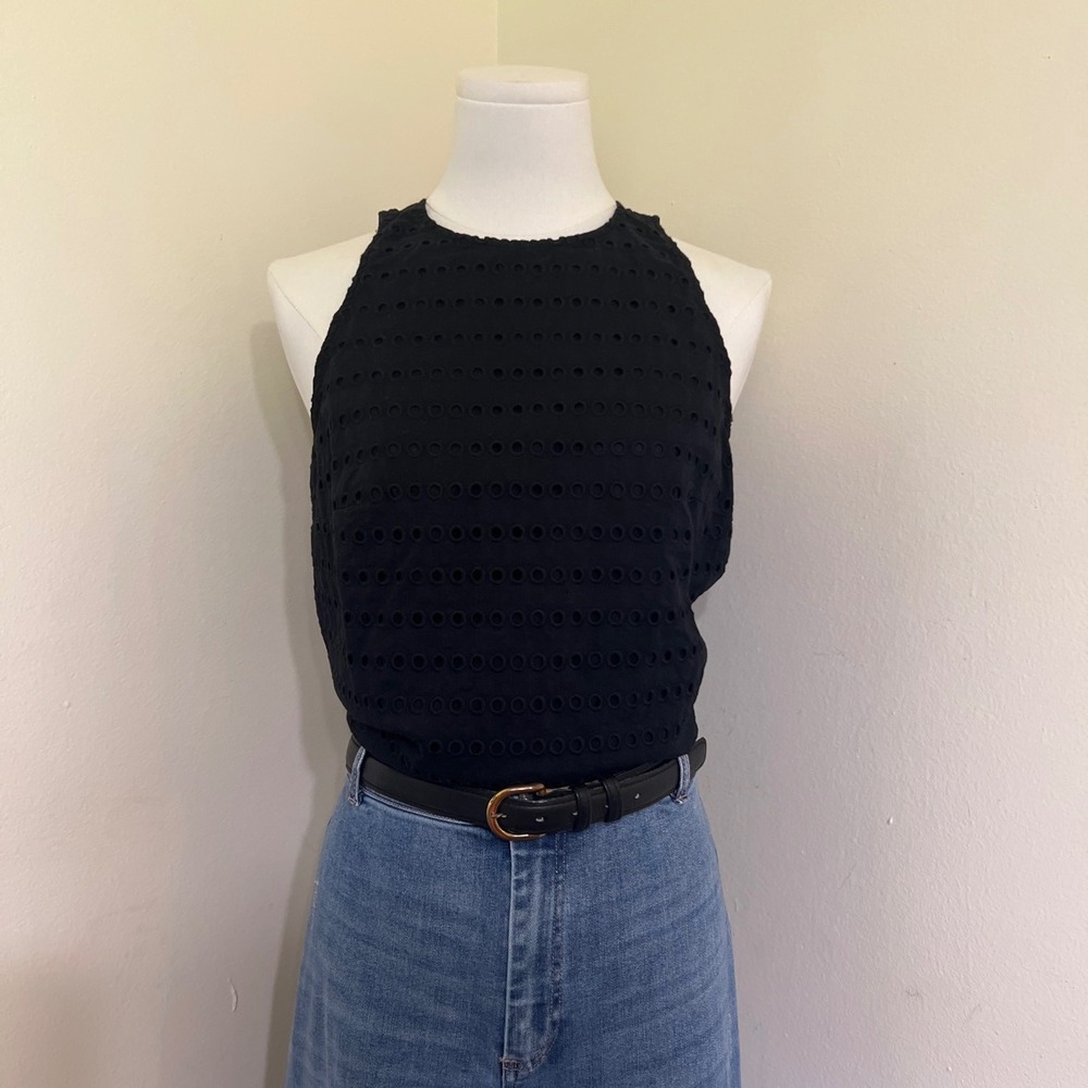 A New Day Black Eyelet Sleeveless Halter Top Blouse 100% Cotton Size M High Neck